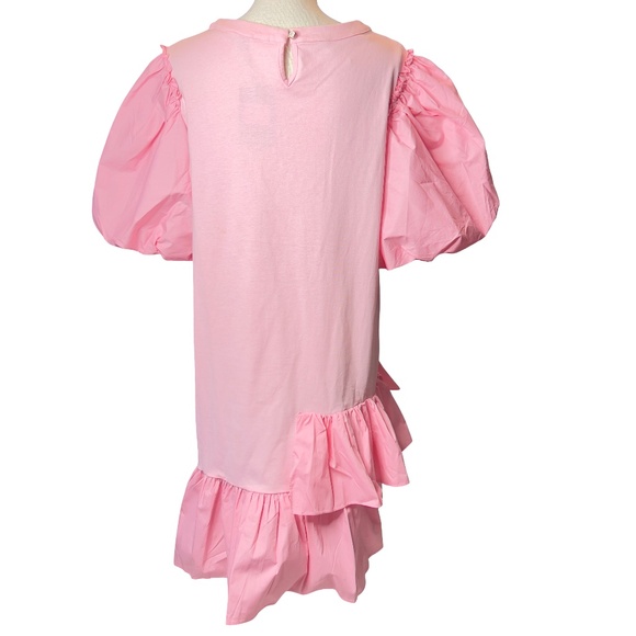 # A229  Nancy Barbiecore   Pink Puff Sleeve Ruffle Hem  Shift Dress  NWT  L - Picture 3 of 7